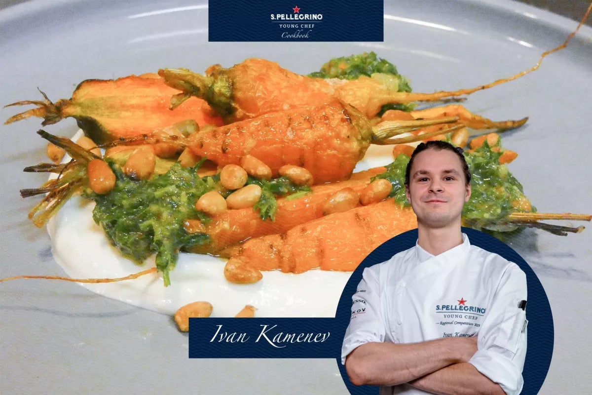 Young carrots with leaf pesto and labneh cheese.