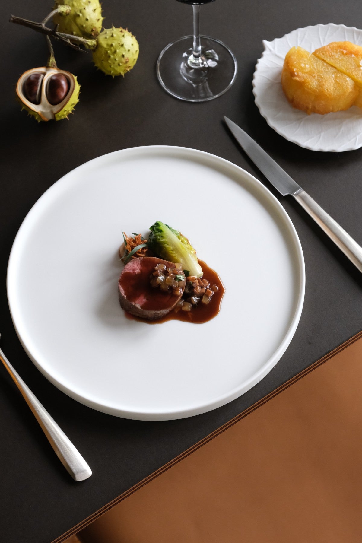 A dish of beef with beef fat potato at Woven restaurant.