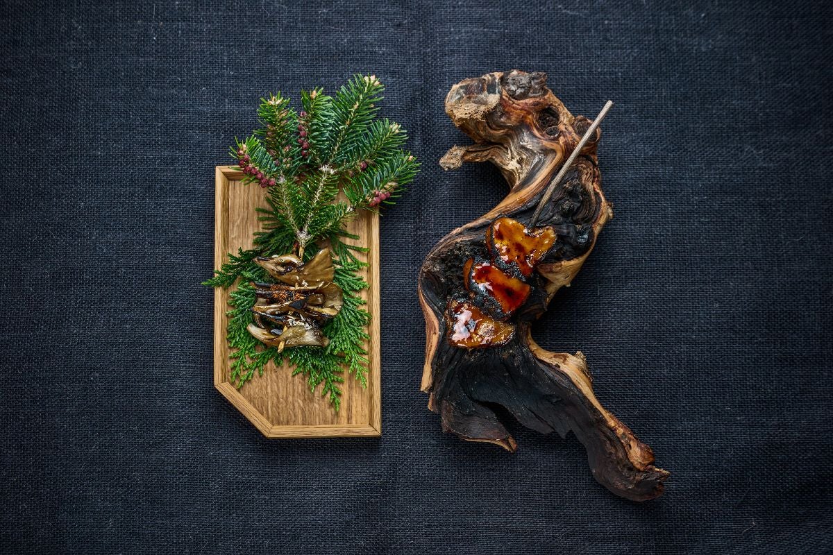 Cured mushroom skewers at Alice restaurant in Ottawa.