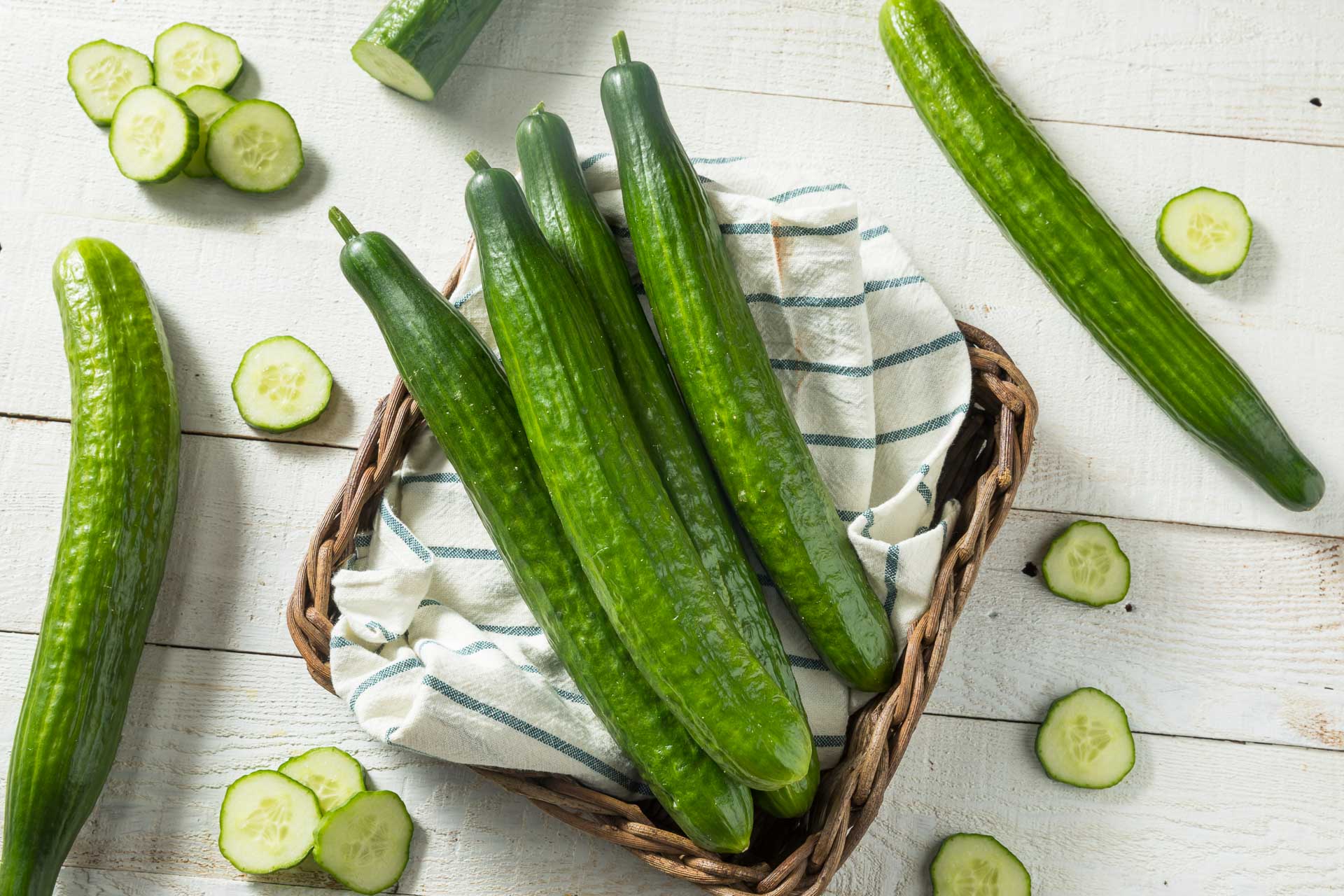 fresh English cucumbers, both whole and slices