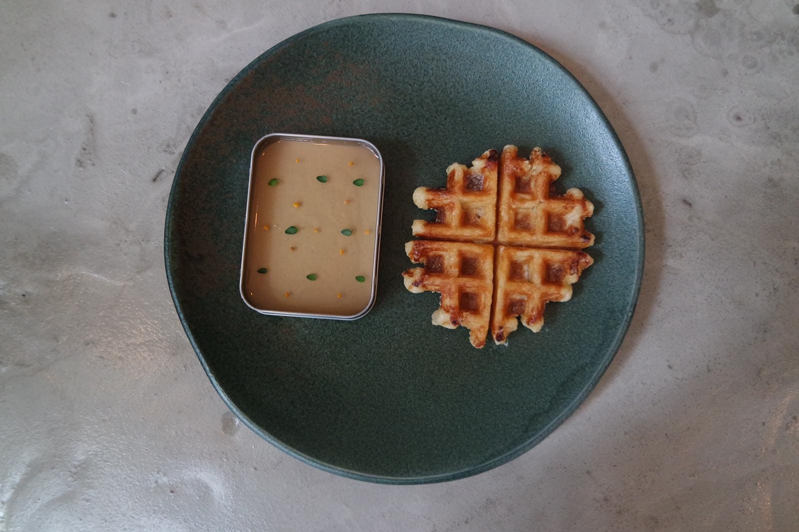 Fermented potato waffle, duck liver parfait, and Braeburn apple jelly at Native.