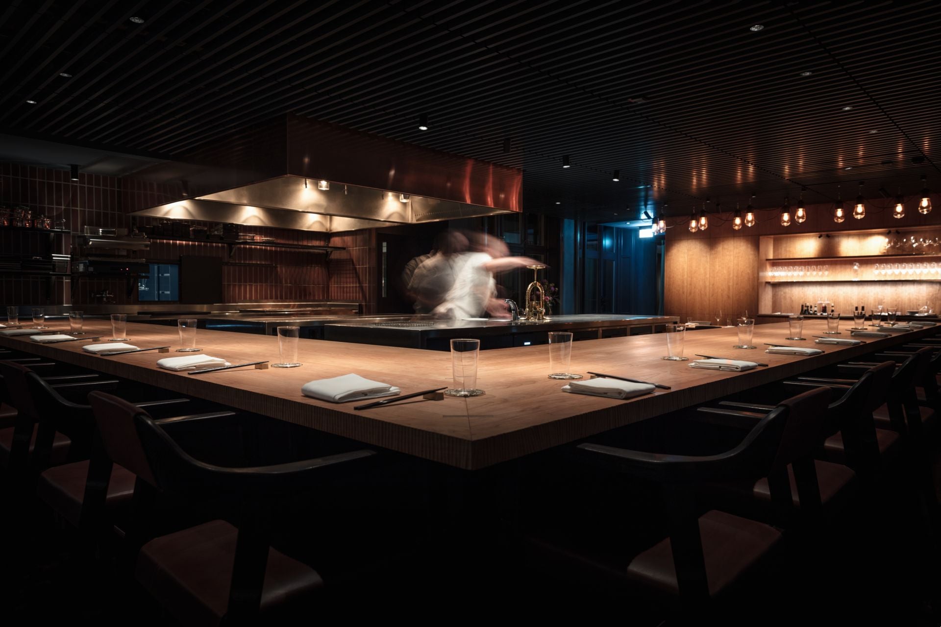 A dark dining room.