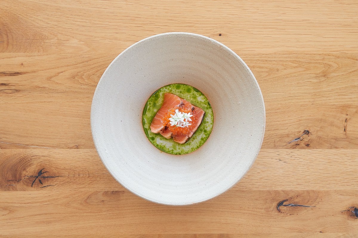 A dish of cured trout at Michelin-starred Hjem restaurant.