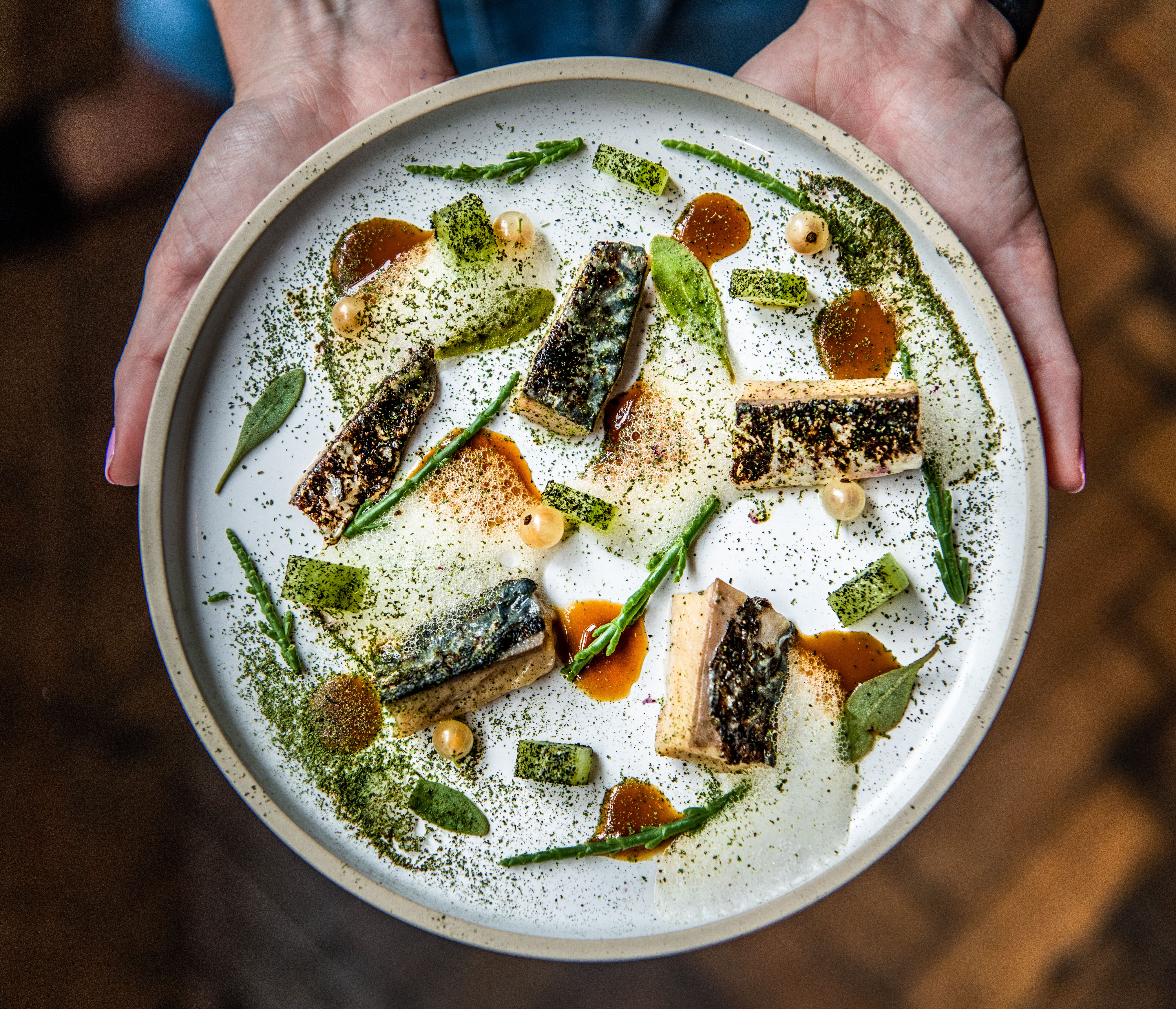 Mackerel, cucumber, fishbone caramel, samphire and whey at Native.