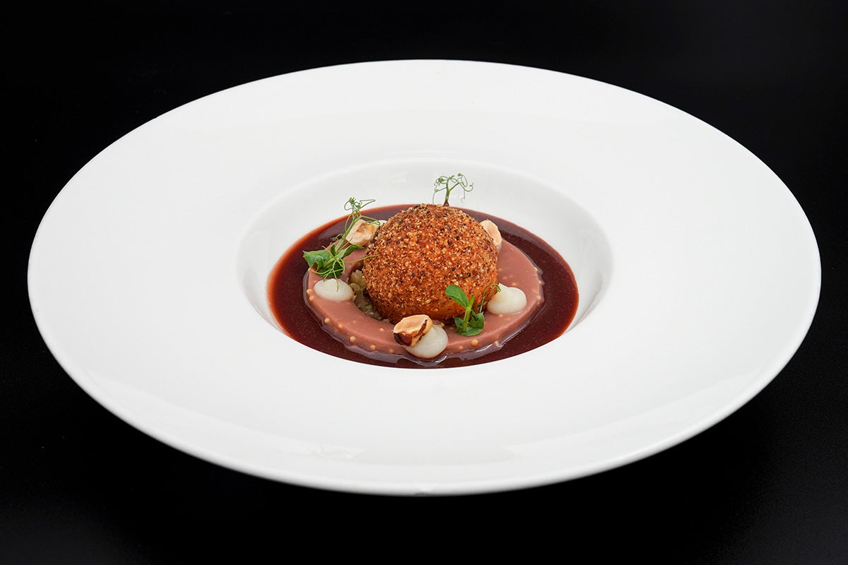 Malakoff in crust, cabbage sausage, celery cream with mustard seeds