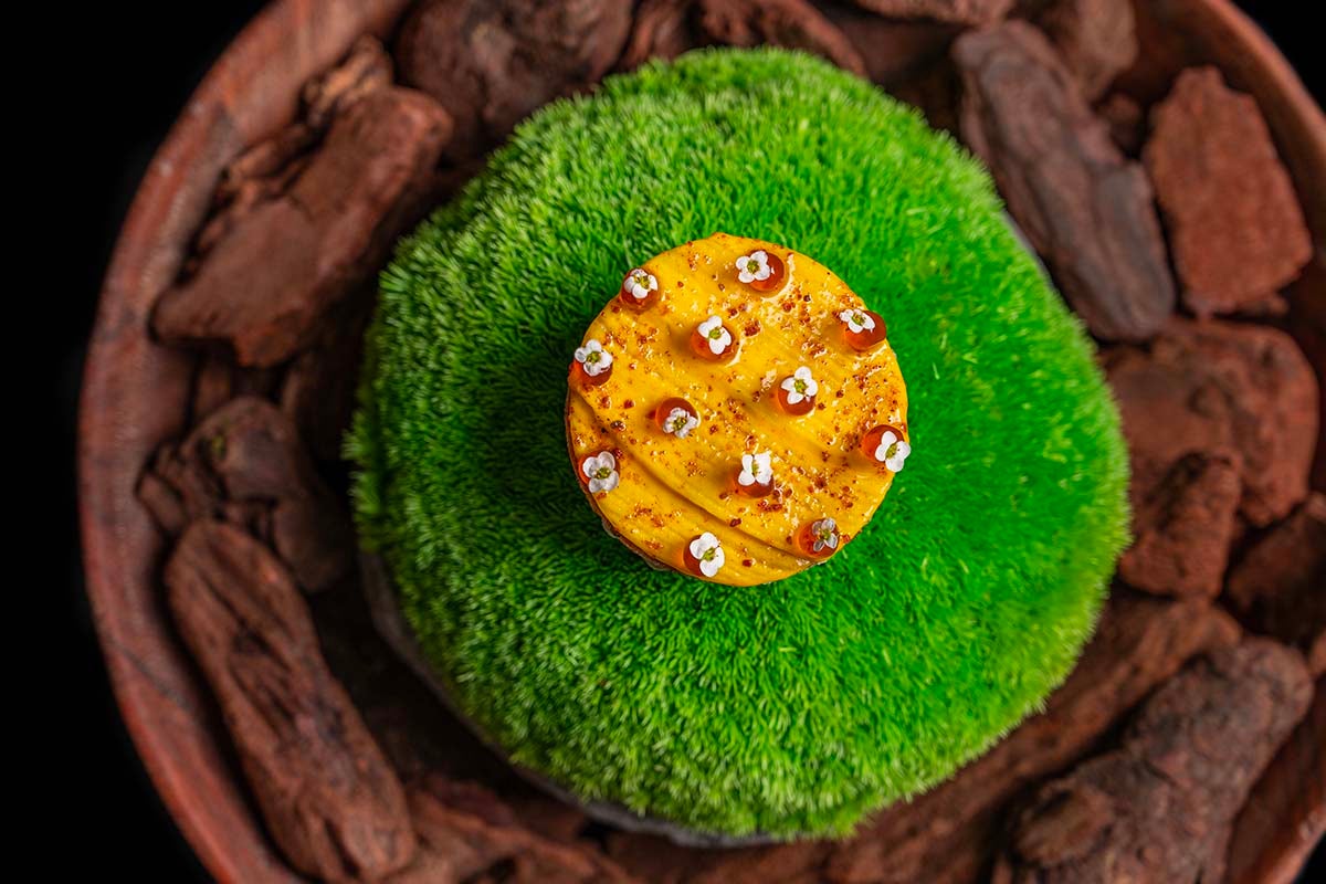 Mustard and miso scallop, ripe banana, potato tartlet at Tresind Studio.