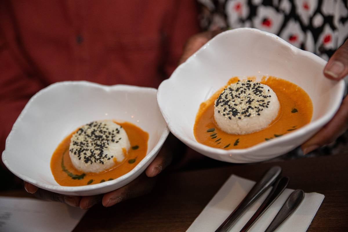 Omo tuo, mashed rice dumpling, at Tatale restaurant in London.