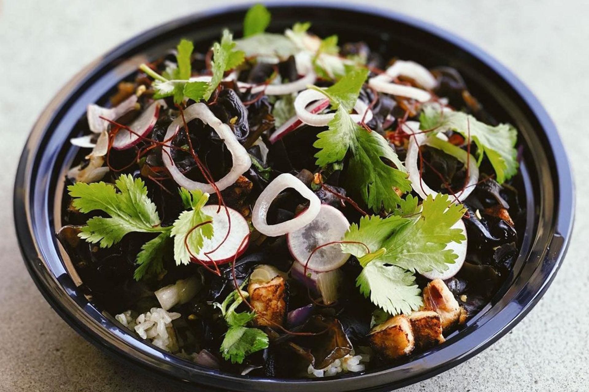 Wood Ear Mushroom, Crispy Tofu, Boonie Peppers, Onions, Pickles with Garlic Fried Rice