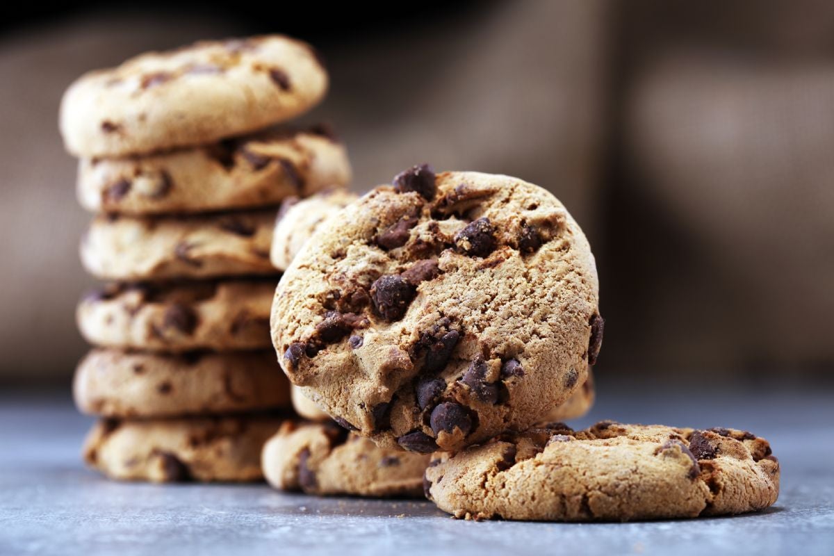 Some home made chocolate chip cookies on table
