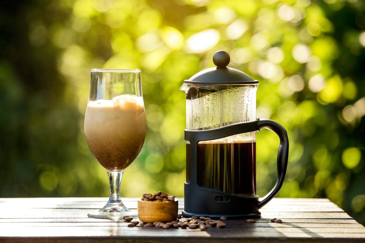 A french press used to make cold coffee