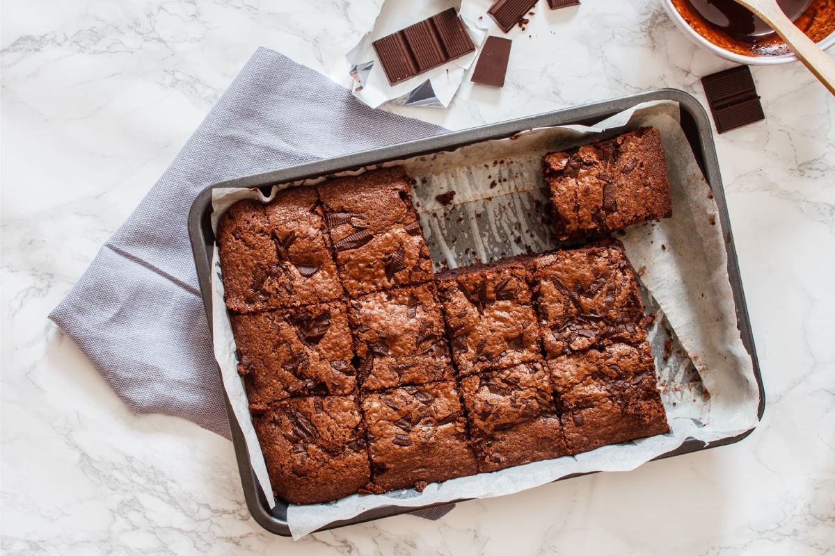 An entire pan of brownies ready to be freeze