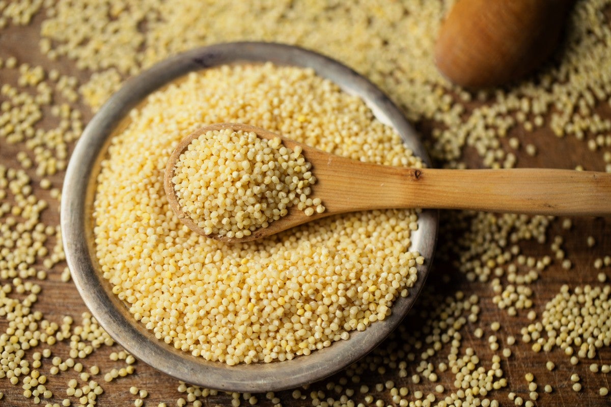 Bowl and spoon of seeds of Foxtail millet, sometimes called Italian millet