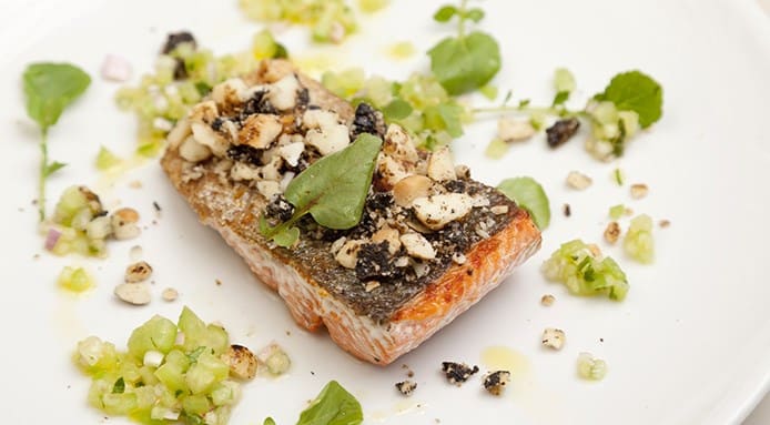 Black garlic liquorice crusted salmon