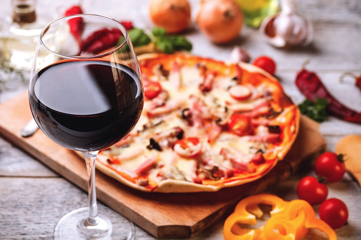 red wine and pizza