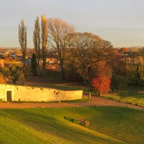 Golden hour lights up autumn trees, a stone wall, and a peaceful park bench, overlooking a quaint townscape in the distance