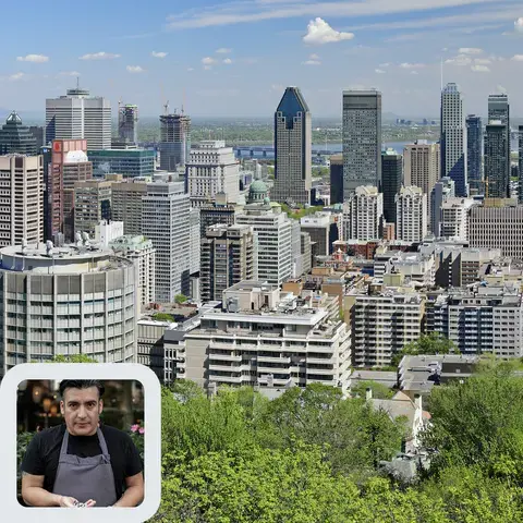 Chef Juan Lopez Luna and the Montreal skyline.