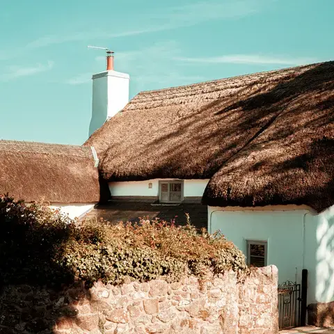 Charming white cottage with a thatched roof, stone wall, and lush greenery under a bright blue sky
