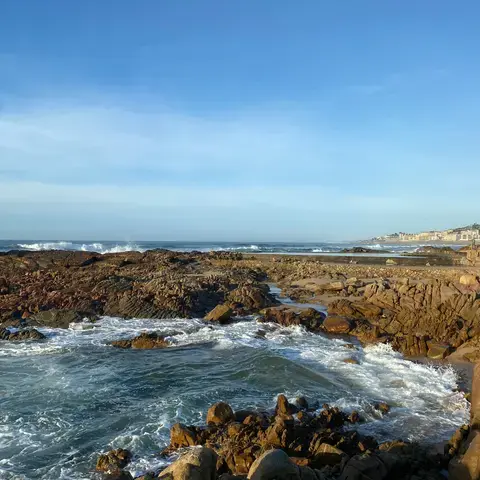 Rocky coastline with waves crashing against the shore, distant cityscape under a clear blue sky