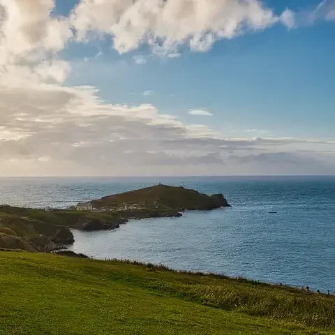 Grassy coastal headland extending into the sea under a partly cloudy sky with distant ocean views
