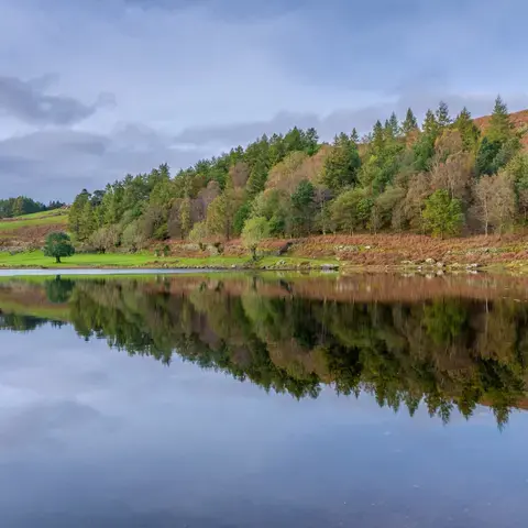 Still lake reflecting trees, green hills, and a cloudy blue sky, surrounded by a peaceful countryside landscape