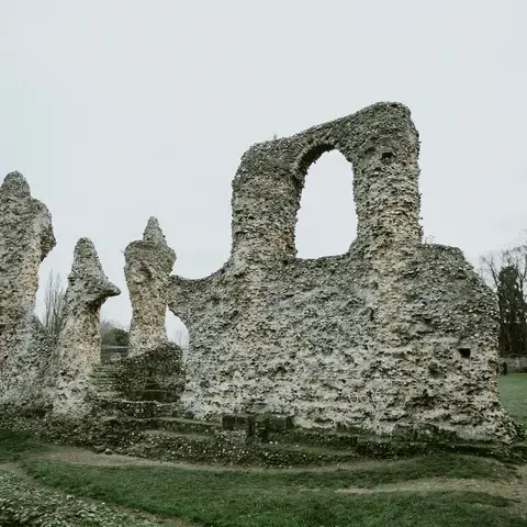 Ancient stone ruins with weathered textures stand on a grassy field under an overcast sky, surrounded by sparse winter trees