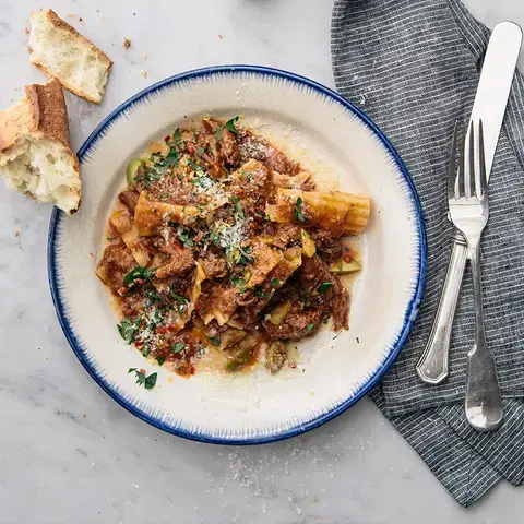 Stracci with braised lamb ragù by Curtis Stone.
