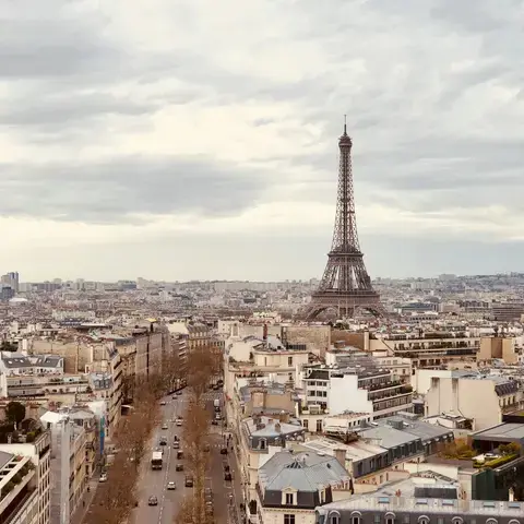 The Eiffel Tower rises over Paris under a cloudy sky, surrounded by historic rooftops and tree-lined avenues.