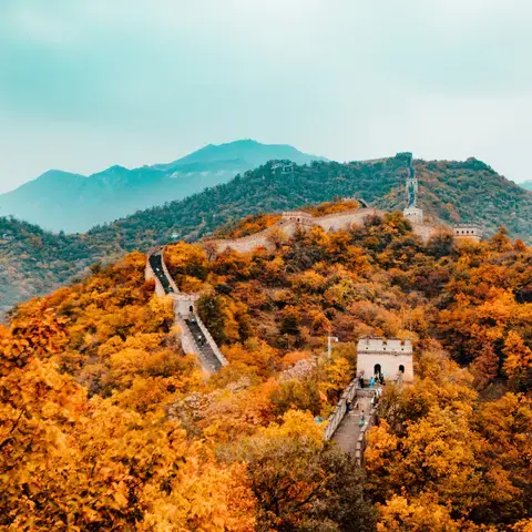 Great Wall of China winding through vibrant autumn foliage under a misty sky, showcasing its historical grandeur