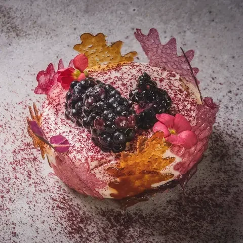 Blackberries, muscovado, woodruff and oxalis at Moor Hall.