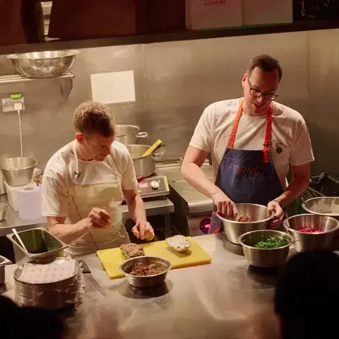 Tom Aikens and Baldo Pellegrini in the Forno kitchen.