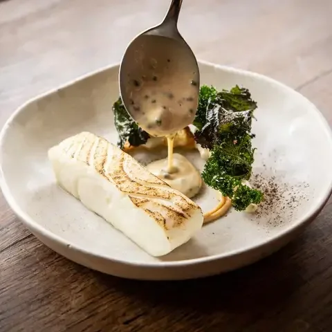 Halibut, brassica, oscietra at The Black Swan at Oldstead.