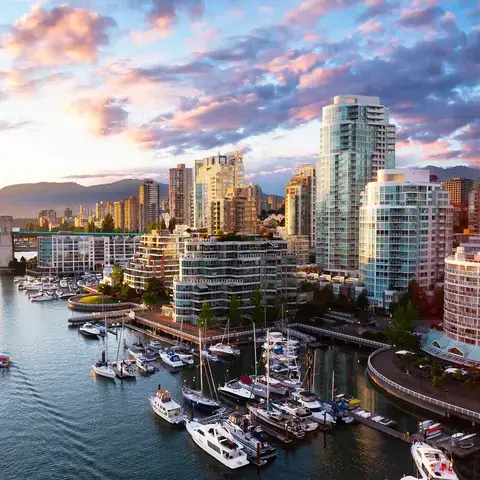 The Vancouver cityscape at sunset