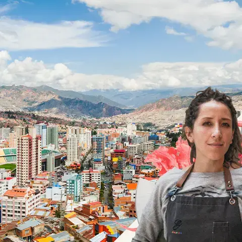 Chef Marsia Taha and the La Paz cityscape.