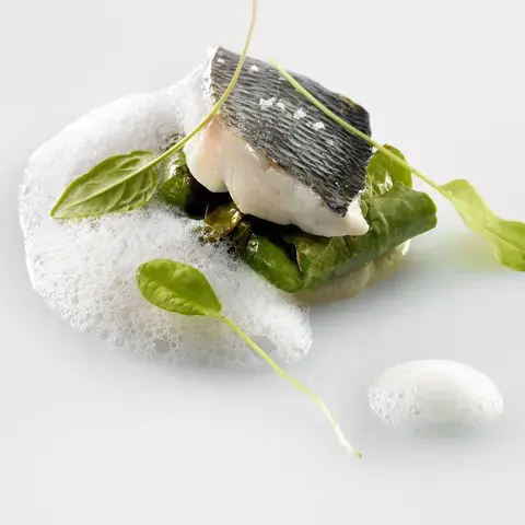 Sea bass, celeriac, sorrel and shellfish by Mauro Colagreco.