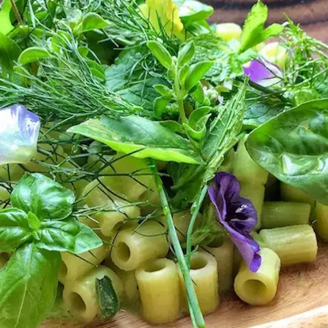 Tubetti with peas, broad beans and fresh herbs.