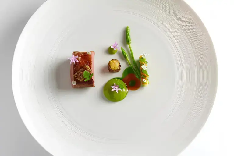 Elegant gourmet dish with seared meat, green purée, asparagus, tiny flowers and artful sauce dots on a minimalist white plate