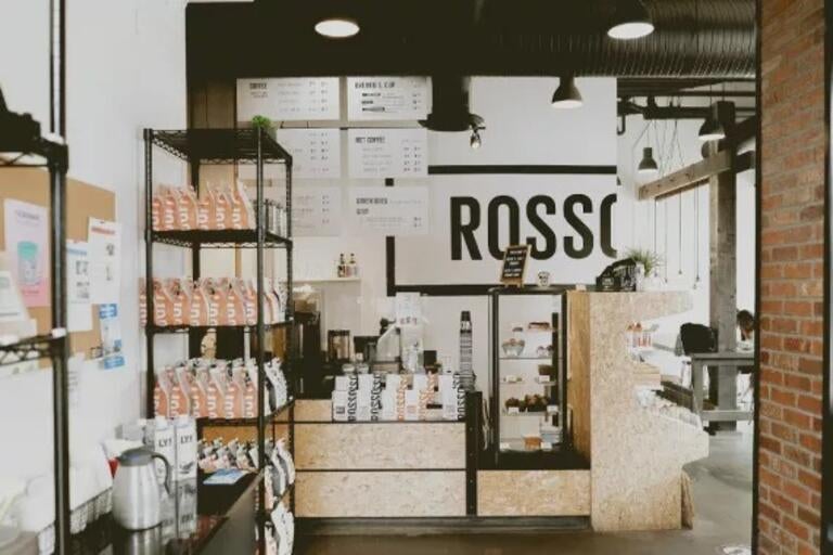 Interior of Rosso Coffee Roasters in Calgary.