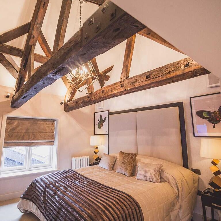 A bedroom at Moor Hall Michelin-starred restaurant.