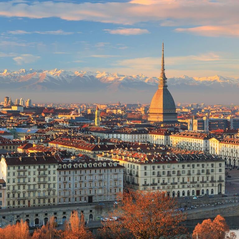 Turin skyline with the Alps in the background.