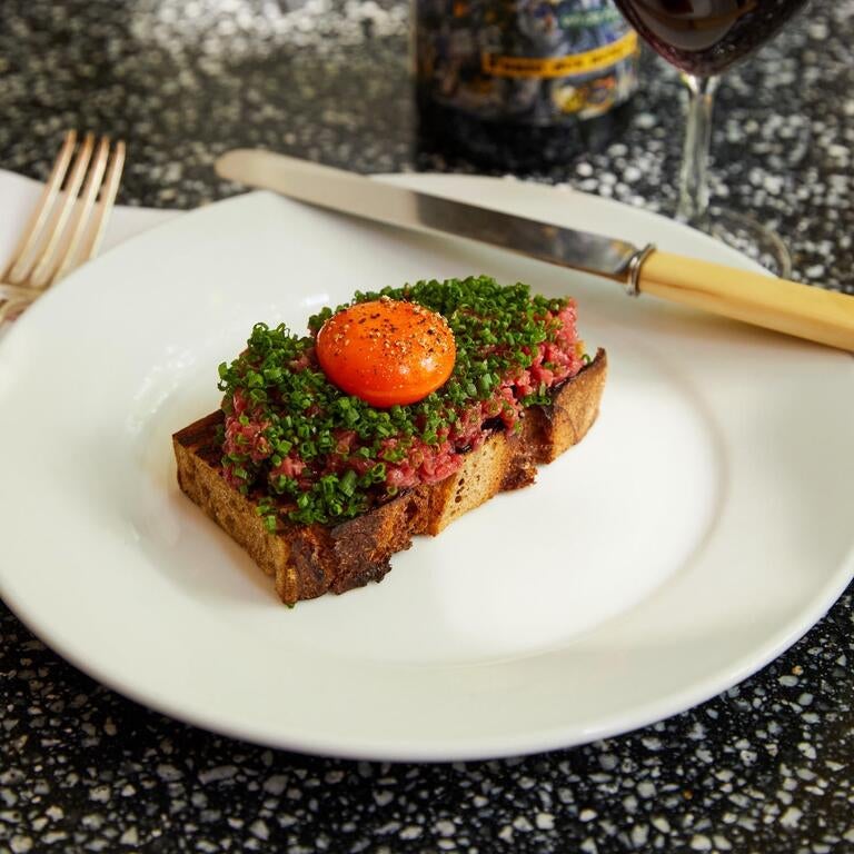 Beef tartare and egg yolk at Marmo in Bristol.