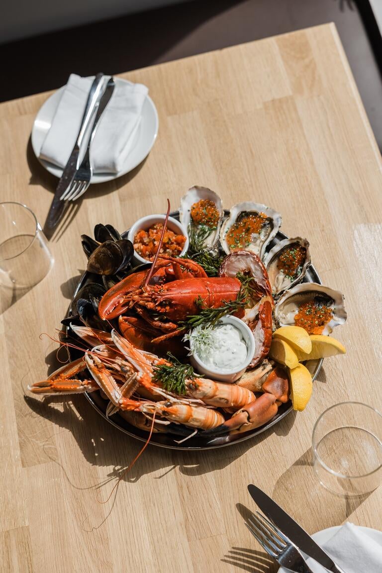 Hot seafood platter at The Bull in Burford, Cotswolds.
