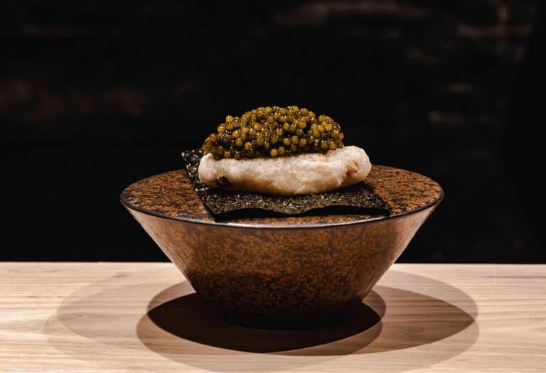 A caviar-topped mochi at Sushi Amamoto in London.