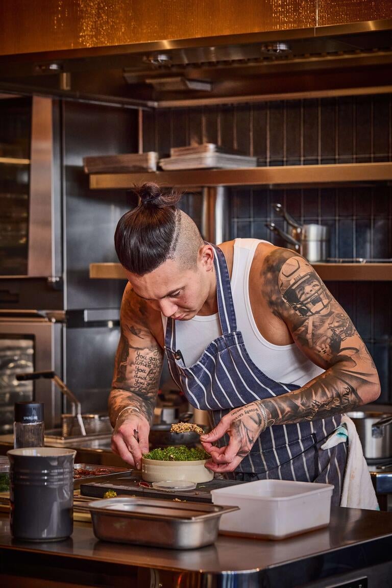Chef Angelo Sato in the kitchen at Humble Chicken.