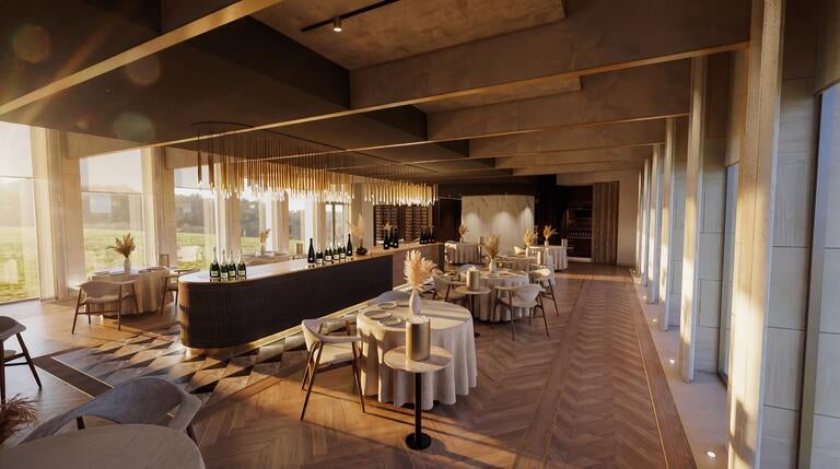 Render of the dining room at Atlas James and Maria Close.