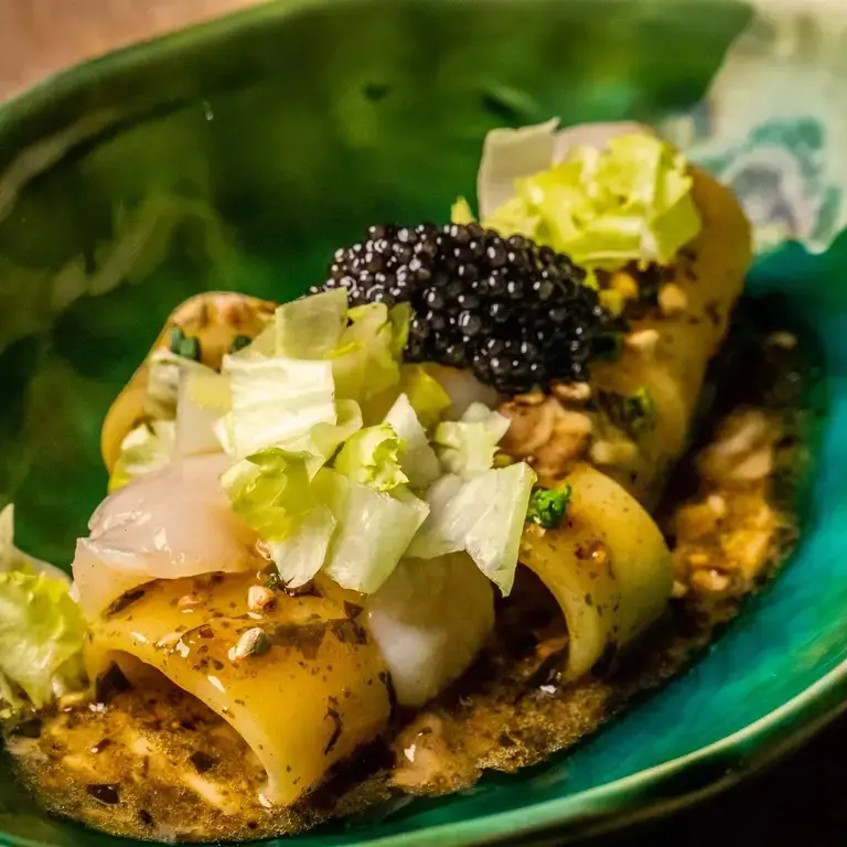 LE CALANDRE Calamari -shaped pasta with seaweed, fresh caviar, sea scallop crudo with escarole