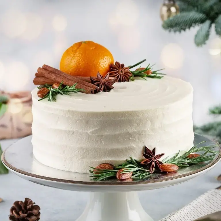 White Christmas cake on a plinth.