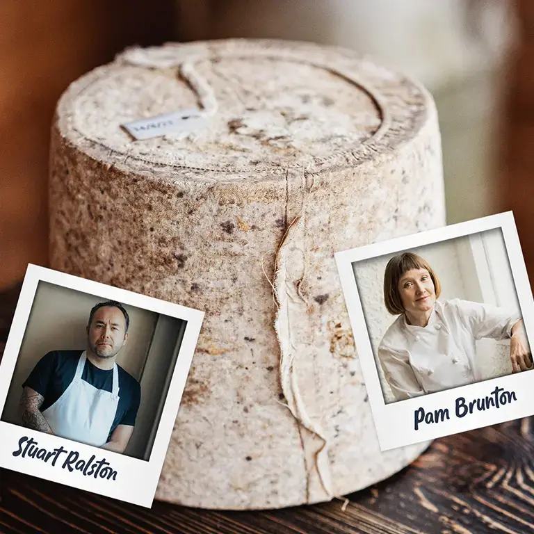 A Scottish cheese and pictures of chefs Stuart Ralston and Pam Brunton.