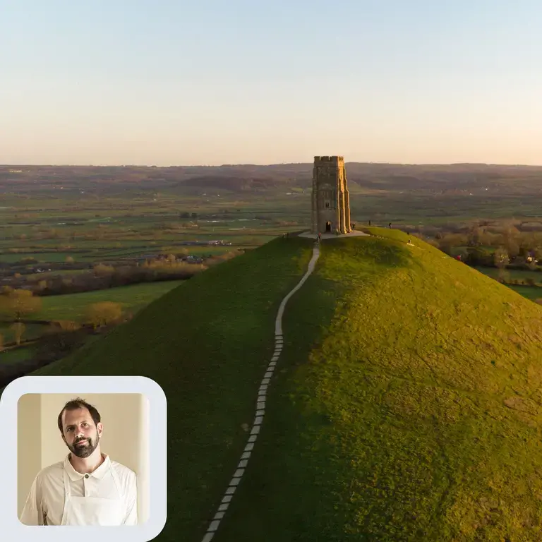 Chef Merlin Labron-Johnson and the Glastonbury Tor.