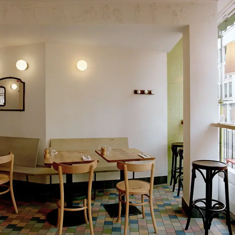 The simple interior of Cafe Deco in London.