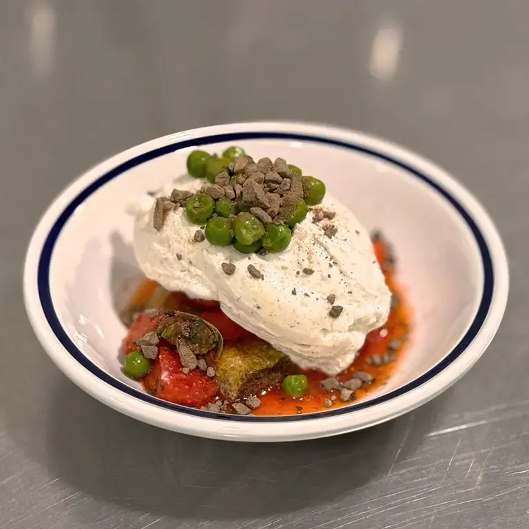 Strawberry, pea, mascarpone and chocolate dessert.